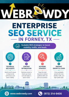 WebRowdy provides enterprise SEO services in Forney, TX, helping businesses improve search visibility, strengthen website performance, and attract qualified organic traffic. Our scalable strategies include technical SEO, content optimization, and keyword targeting. Call (972) 314-9400 to discuss your enterprise SEO goals.