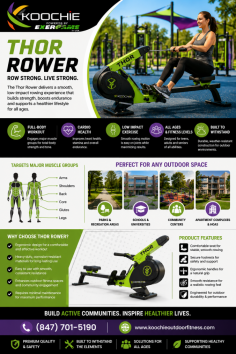 Koochie Outdoor Fitness offers the Thor Rower, a durable outdoor fitness solution designed to support full-body exercise, strength building, and low-impact cardio training. Built for parks, schools, recreation areas, and community wellness spaces, the Thor Rower helps users improve endurance, coordination, and overall fitness through smooth rowing-style movement. Call (847) 701-5190.