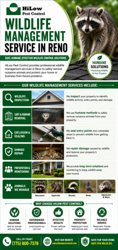 HiLow Pest Control provides wildlife management service in Reno, helping homeowners and businesses safely manage nuisance animals around attics, crawl spaces, roofs, and outdoor areas. Their team focuses on inspection, removal, exclusion, and prevention to help protect properties from wildlife damage. Call (775) 800-7378.