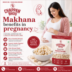 Makhana benefits in pregnancy include providing essential nutrients such as calcium, protein, magnesium, and antioxidants that help support overall maternal wellness. Chappan Bhog Makhana offers premium-quality roasted makhana, making it a light, crunchy, and nutritious snack for expectant mothers when enjoyed as part of a balanced diet.