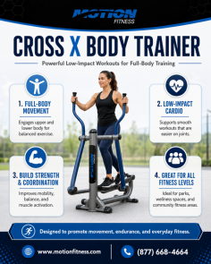 Motion Fitness offers the Cross X Body Trainer, a versatile fitness solution designed to support full-body movement, strength, balance, and low-impact cardio training. This trainer helps users improve coordination, engage multiple muscle groups, and enjoy an effective workout experience for home, wellness, or fitness spaces. To learn more, call (877) 668-4664.
