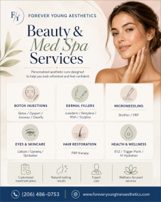 Refresh your appearance and feel more confident with professional beauty and med spa services from Forever Young Aesthetics. Explore personalized options including Botox and other neuromodulators, dermal fillers, microneedling, PRP hair restoration, skincare, laser services, and wellness treatments designed around your individual goals. Call Forever Young Aesthetics at (206) 486-0753 to learn more or schedule a consultation.