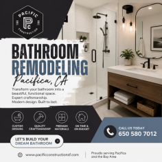 Looking for professional bathroom remodeling in Pacifica? Pacific Construction specializes in creating stylish, functional, and high-quality bathrooms tailored to your lifestyle and budget. Whether you're planning a complete bathroom renovation, a modern shower upgrade, custom vanity installation, or improved flooring and lighting, our experienced team delivers exceptional craftsmanship with attention to every detail. We use premium materials, provide transparent pricing, and complete projects on time with minimal disruption to your home. From concept to completion, we turn outdated bathrooms into beautiful, comfortable spaces that add value to your property.