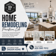 Give your home a fresh new look with expert home remodeling in Pacifica from Pacific Construction. We specialize in complete home renovations, including kitchen remodeling, bathroom remodeling, room additions, flooring, painting, custom carpentry, and interior and exterior upgrades. Our licensed and experienced team is committed to delivering high-quality craftsmanship, innovative designs, and reliable project management from start to finish. Whether you're updating a single room or transforming your entire home, we create beautiful, functional spaces that enhance comfort, style, and property value. Trust Pacific Construction to bring your vision to life with personalized solutions, transparent pricing, and on-time completion.