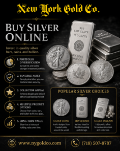 Buy silver online from New York Gold Co and explore a selection of silver bars, coins, and bullion products for investing, collecting, or portfolio diversification. Shop confidently with access to quality precious metals and helpful customer support. Compare available options and choose silver products that match your budget, collecting interests, or long-term investment goals. Call (718) 507-8787 for product information and assistance.