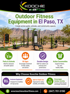 Create active and engaging outdoor spaces with durable fitness equipment in El Paso, TX. Koochie Outdoor Fitness offers exercise and playground solutions for parks, schools, communities, recreation centers, and public wellness areas. Their equipment supports movement, accessibility, and fitness opportunities for different ages and ability levels. Call (847) 701-5190 for product details and assistance.