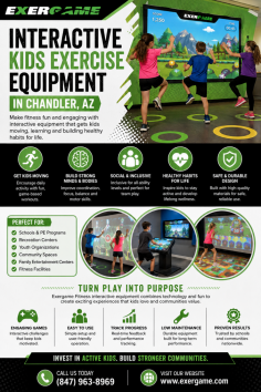 Create more active and engaging spaces with interactive kids exercise equipment in Chandler, AZ. Exergame Fitness offers technology-driven fitness solutions for schools, recreation centers, youth programs, family entertainment venues, and fitness facilities. These systems encourage movement, coordination, teamwork, and healthier exercise habits through fun, game-based activities. Call (847) 963-8969 for product details and assistance.