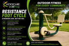 Koochie Outdoor Fitness offers the Resistance Foot Cycle, designed to support lower-body movement, leg activity, and outdoor cardio exercise in parks, community spaces, and public fitness areas. Its simple seated cycling motion makes it a practical addition to accessible outdoor workout zones. The equipment can help users add steady leg movement and low-impact activity to their outdoor fitness routine. Call (847) 701-5190 for more information.