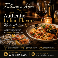 Experience the true flavors of Italy at Fattoria e Mare, San Mateo's premier destination for authentic Italian cuisine and fresh seafood. From handcrafted pastas and wood-fired specialties to locally sourced ingredients and signature seafood dishes, every meal is prepared with passion and traditional Italian recipes. Whether you're planning a romantic dinner, a family gathering, or a special celebration, our warm atmosphere and exceptional service make every visit unforgettable. Join us for lunch or dinner and savor the perfect blend of farm-fresh ingredients and coastal Italian flavors. Visit www.fattoriaemare.com or call 650-342-4922 to reserve your table today.